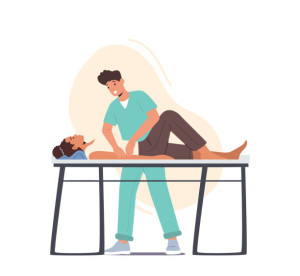 Rehab Therapy, Physiotherapy Treatment Concept. Patient At Rehabilitation Massage At Chiropractors. Masseur Physiotherapist Osteopath Treating Woman Arms. Character Cartoon People Vector Illustration
